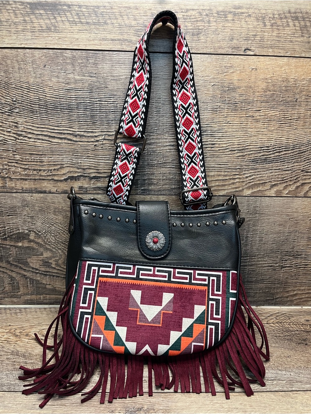 Black & Burgundy Boho Fringe Crossbody Bag with Patterned Strap